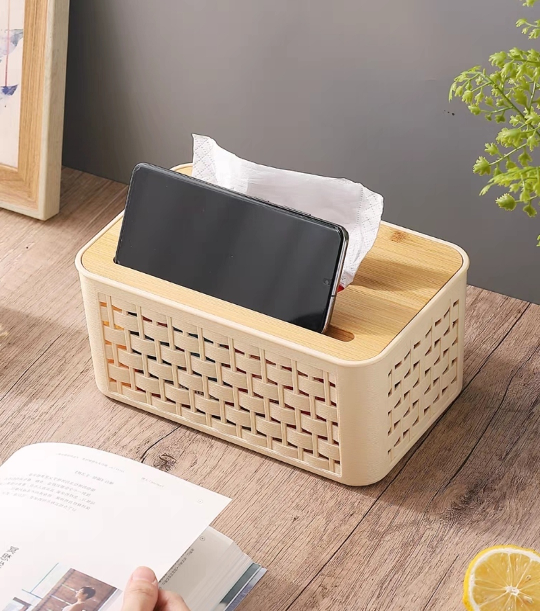 Hộp Đựng Khăn Giấy Nắp Gỗ Cao Cấp   Hộp Giấy Decor Để Bàn Siêu Sang Kiểu Mây Đan Hàn Quốc