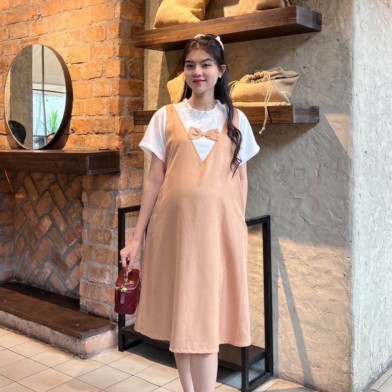 Đầm bầu yếm liền công sở cổ bèo tim đính nơ chất cotton lạnh mềm mịn dễ thương - Xanh rêu