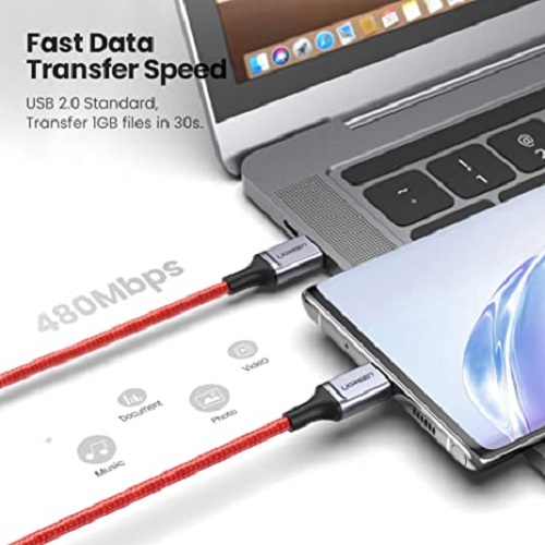 Cáp sạc và truyền dữ liệu 2 cổng USB Type-C, hỗ trợ sạc nhanh PD 60W, dòng tối đa 3A dây bện nylon dài 1m UGREEN US296 60186 - Hàng chính hãng