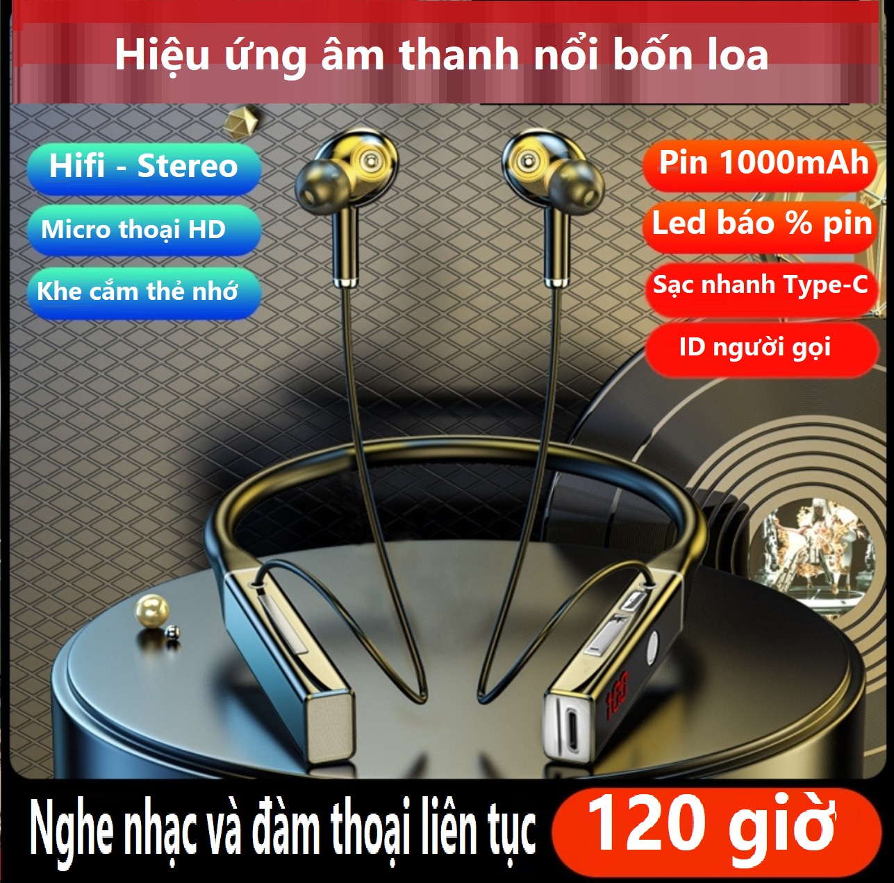 Tai nghe bluetooth thể thao quàng cổ  5.2 bốn loa , âm thanh vòm 12D Hifi - Stereo , dung lượng pin lớn 1000mAh sử dụng liên tục lên đến 120 giờ , hỗ trợ khe cắm thẻ nhớ TF, hỗ trợ chức năng siri