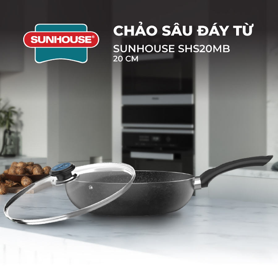 Chảo sâu lòng vân đá Stone Pro chống dính Vung kính cường lực siêu bền Sunhouse SHS26ME - Dùng trên mọi loại bếp - Hàng chính hãng