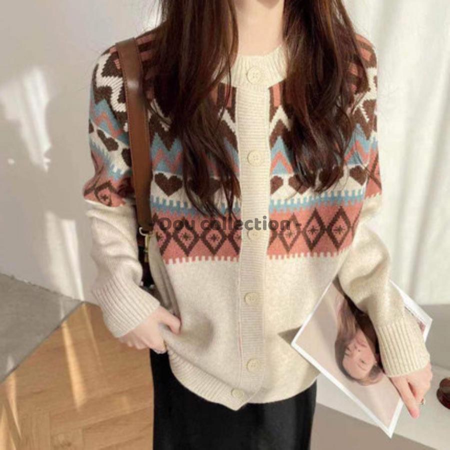 Áo Khoác Len Cardigan Cổ Tròn Thổ Cẩm Vintage Ôm Cá Tính Phong Cách Hàn Quốc Thời Trang Thu Đông - Mã TA020