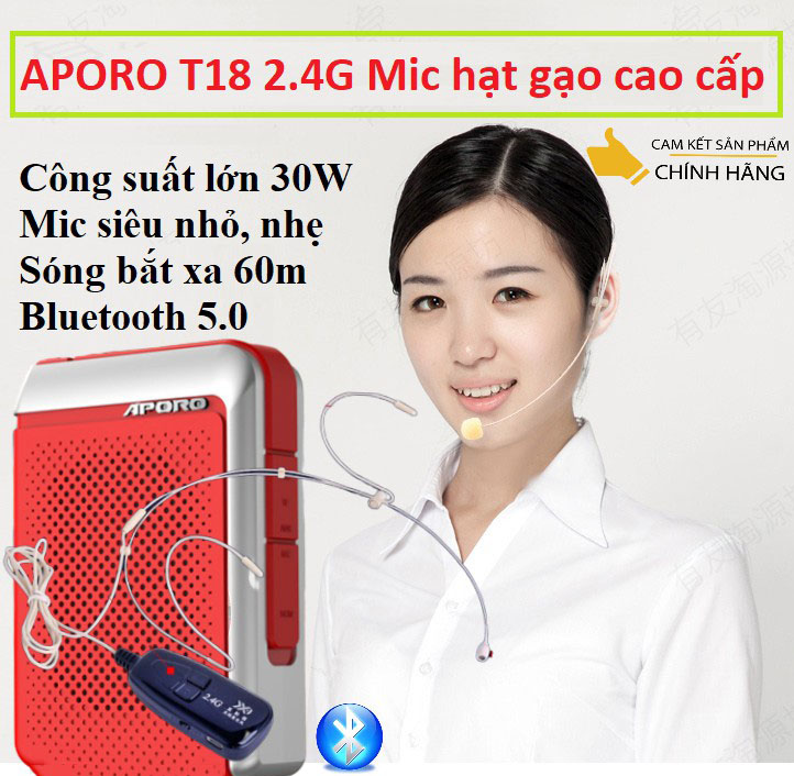 Máy trợ giảng Aporo T18 5.0 micro hạt gạo không dây tặng kèm mic cài áo và túi đựng máy- Hàng Chính Hãng