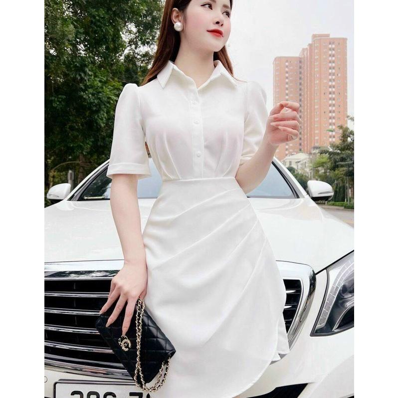 ĐẦM XÒE TRẮNG CỔ SƠ MI XẾP LY HÔNG