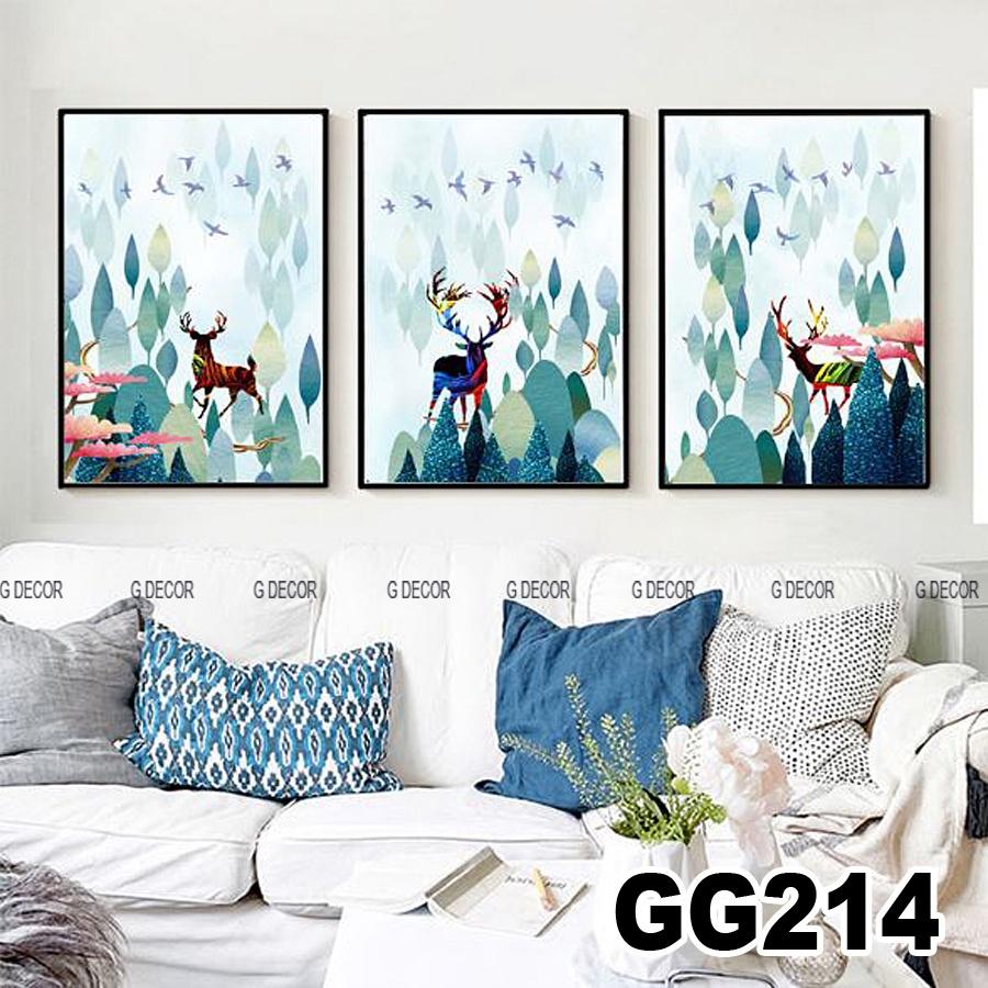Tranh treo tường canvas 3 bức phong cách hiện đại Bắc Âu 11, tranh hươu trang trí phòng khách, phòng ngủ, phòng ăn, spa