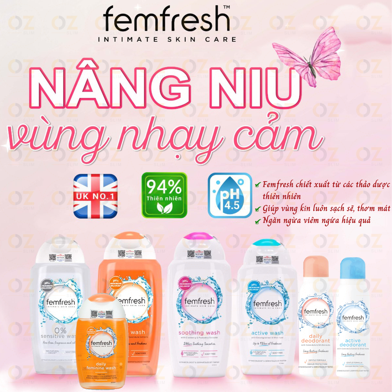 Dung dịch vệ sinh cho cả nữ và nam Femfresh Anh giúp làm sạch sẽ, thơm mát, ngăn ngừa viêm, ngứa, nấm phụ khoa - OZ Slim Store