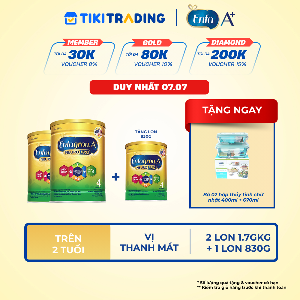 Tặng 1 lon 830g cùng loại Bộ 2 Lon Sữa bột Enfagrow A Neuropro 4 Vị thanh mát với dưỡng chất DHA &amp; MFGM cho trẻ từ 26 tuổi 1.7kg