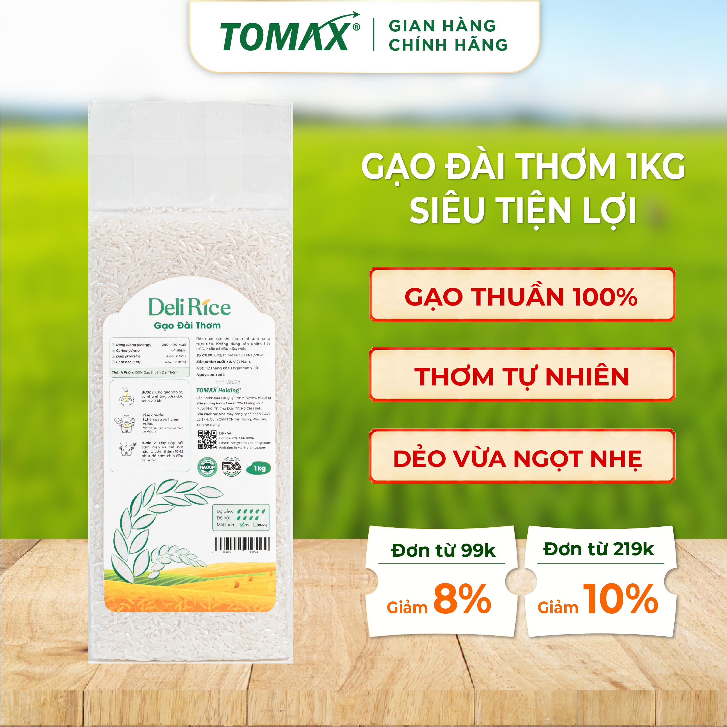 Gạo Đài thơm TOMAX (túi 1kg hút chân không) dẻo vừa, ráo cơm, ngọt thơm