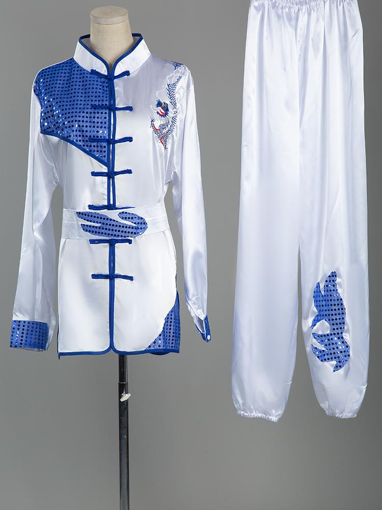 Người lớn thêu rồng rồng kung fu wushu cạnh tranh quần áo võ thuật đồng phục trẻ em Color: Blue Long Sleeve Size: 130