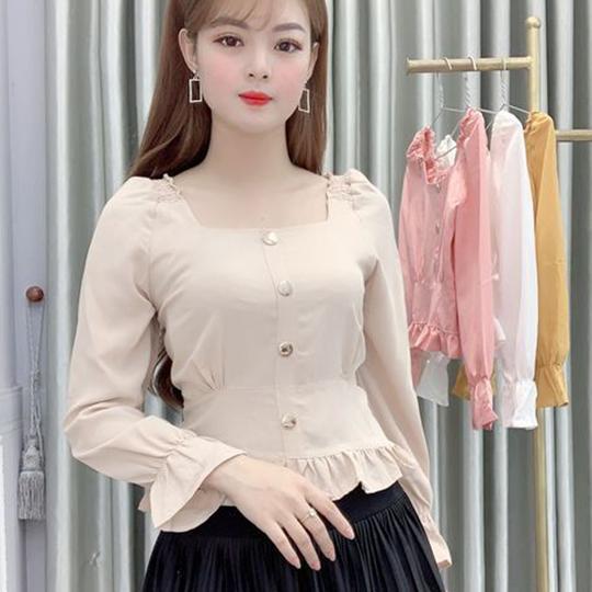 Áo sơ mi nữ kiểu công sở dài tay nhún cúc giả - 4 màu: Trắng, Hồng, Be, Vàng - AM17 - Hanlly Fashion Thời Trang Nữ