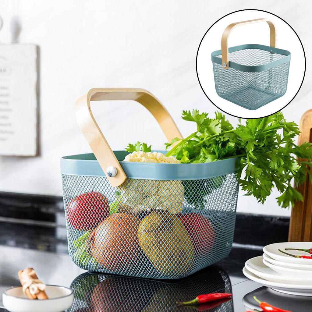 Mesh Storage Basket with Wooden Handle Vegetables Food Kitchen Organizer