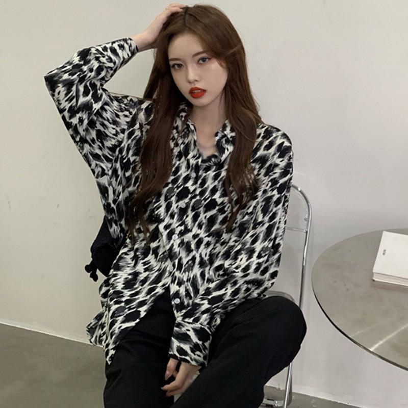 Áo Sơ Mi Chiffon Dáng Rộng Họa Tiết Da Báo Quyến Rũ Cho Nữ