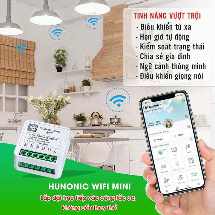 Công tắc Wifi Hunonic Mini 2 kênh 500W/kênh - LẮP SAU CÔNG TẮC ÂM TƯỜNG - Điều khiển từ xa bằng điện thoại