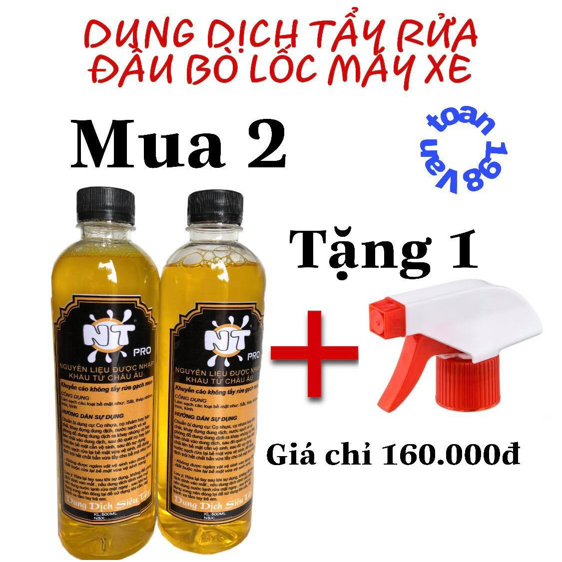 Combo 2 chai Nước tẩy đầu bò, lốc máy xe tặng 1 vòi xịt