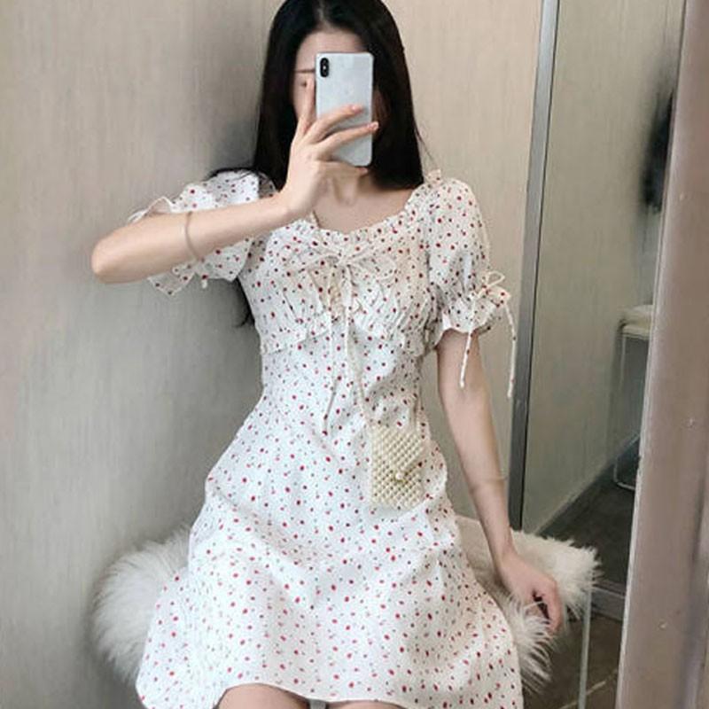 Đầm nữ tay ngắn hoạ tiết trái tim phong cách Hàn Quốc