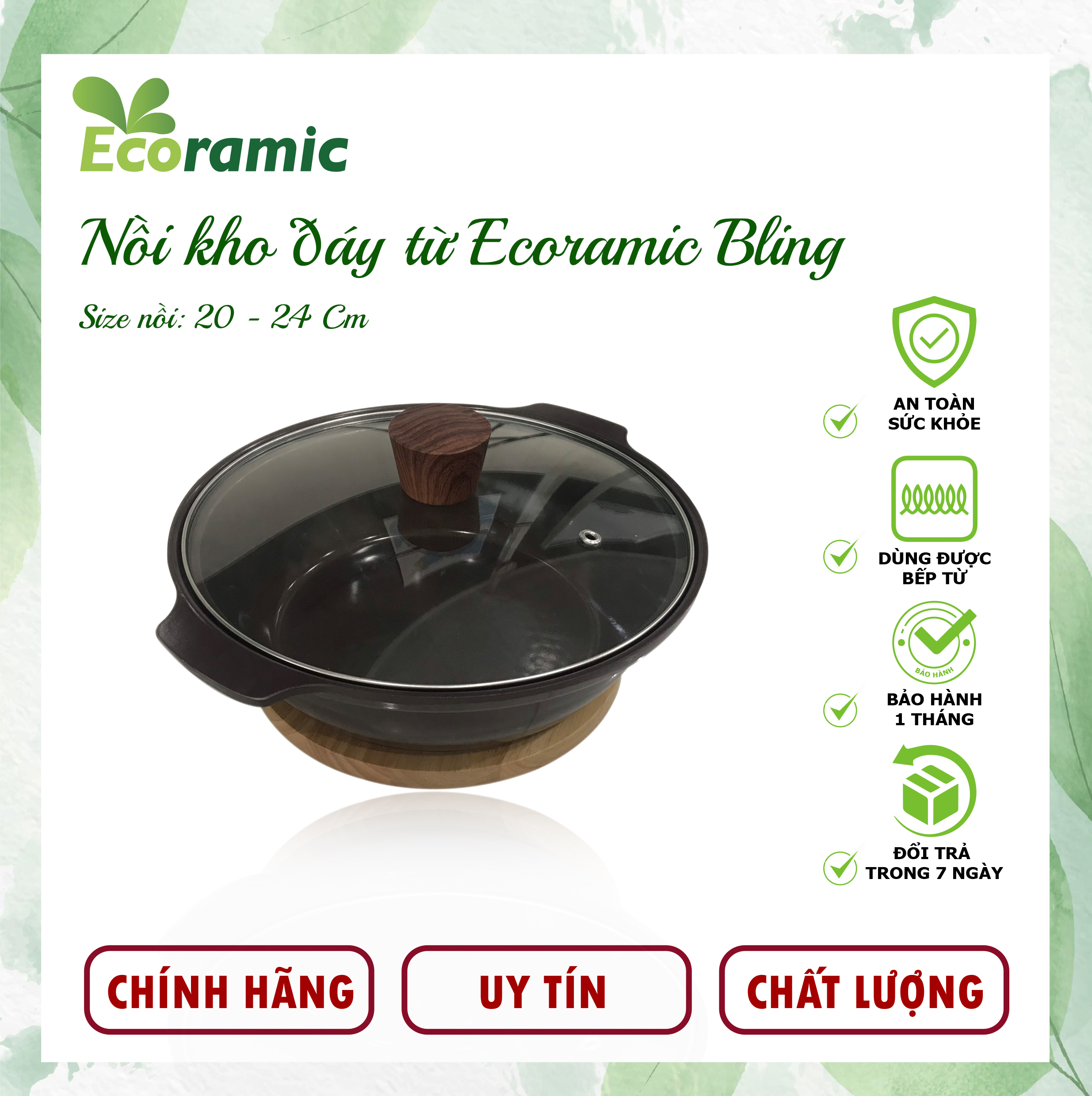 Nồi Kho Bếp Từ Ecoramic Bling  Chính Hãng Chống Dính, Siêu Bền - Tặng Kèm Đế Lót Gỗ Cao Cấp