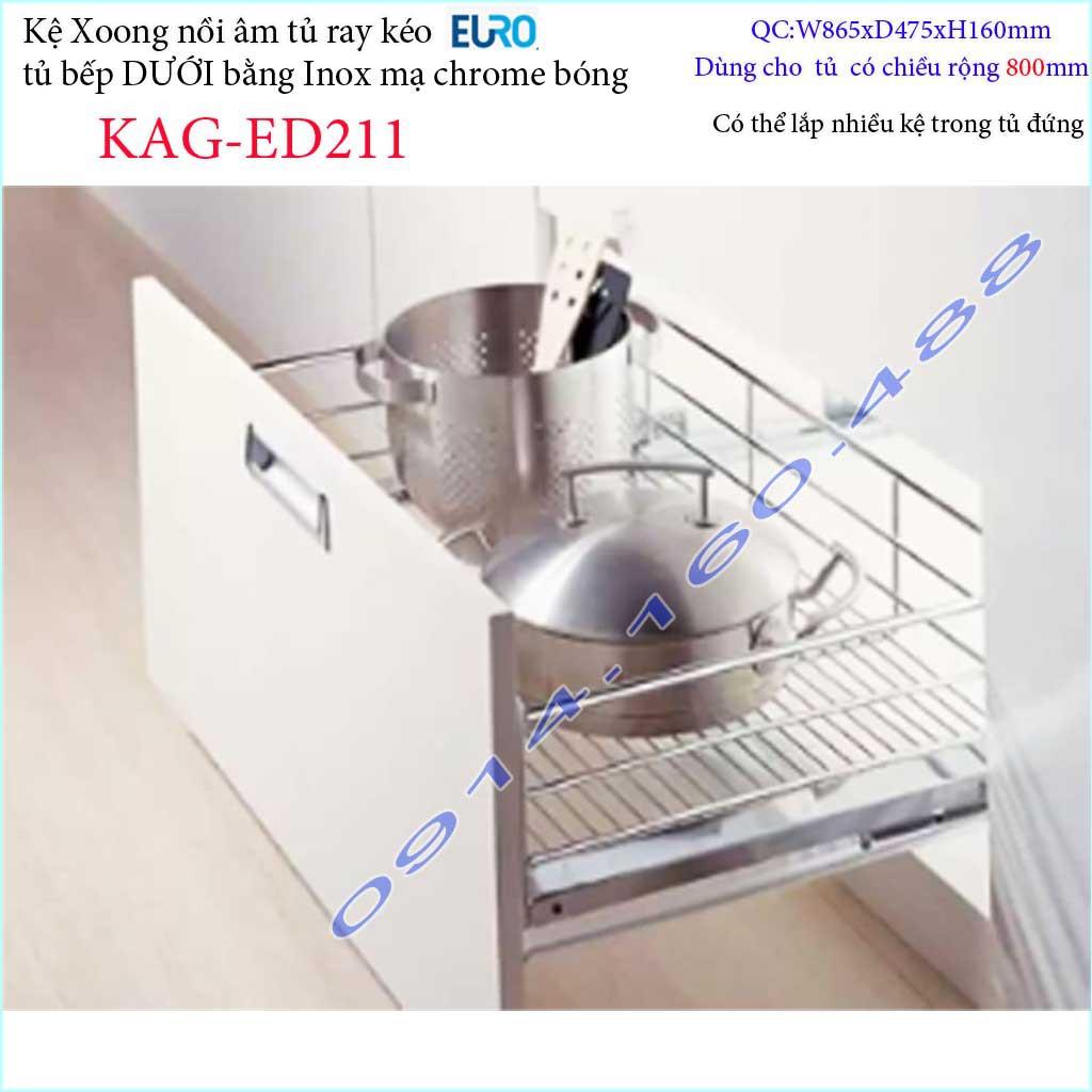 Kệ xoong nồi Euro KAG-ED211-90cm, giá xoong nồi inox âm tủ 90cm có ray giảm chấn êm ái siêu bền sản phẩm cao cấp