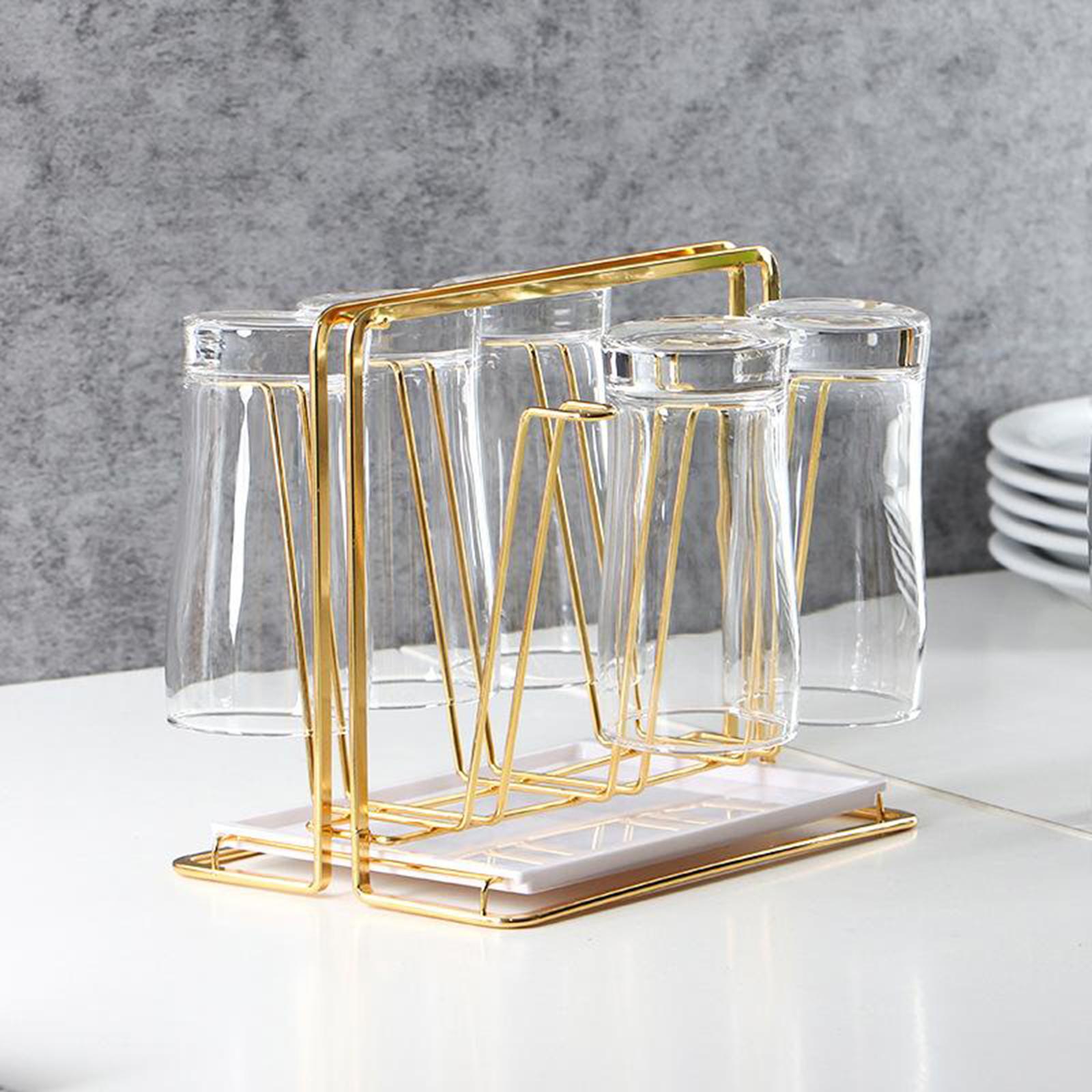 Minimalist Golden Cup Drying Rack Stand Iron 6 Cup Hooks Drainer Holder Tree for Mugs Glasses Bottles Home Kitchen Storage Organizer