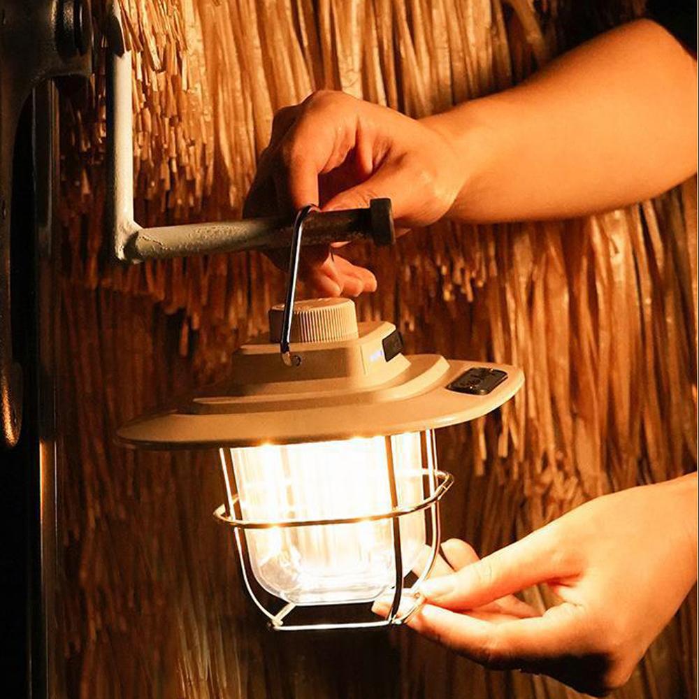 Retro Camping Light LED Campsite Lantern Rechargeable Tent Lamp Waterproof Portable Power Bank Stepless Dimming for Camping Tent Hiking Fishing