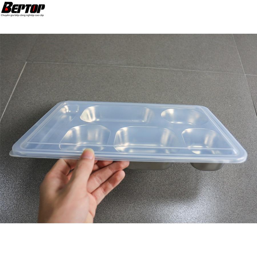 Khay Cơm 5 Ngăn Inox 201 Sâu Lòng Có Ngăn Để Đũa Kèm Nắp Nhựa