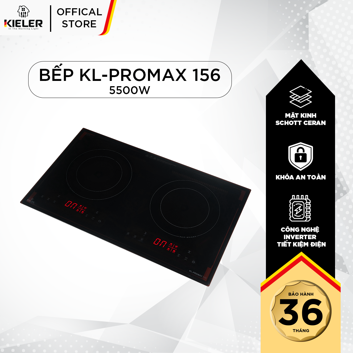 Bếp điện từ đôi Kieler KL-PROMAX 156 mặt kính Schott Ceran, Bếp điện từ có chế độ nấu lẩu, cảm ứng chống tràn 5500W - Hàng Chính Hãng