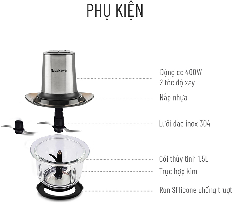 Máy xay thịt 2 lưỡi dao kép cối thủy tinh Nagakawa NAG0812 (400W - 1.5 Lít) - Hàng Chính Hãng