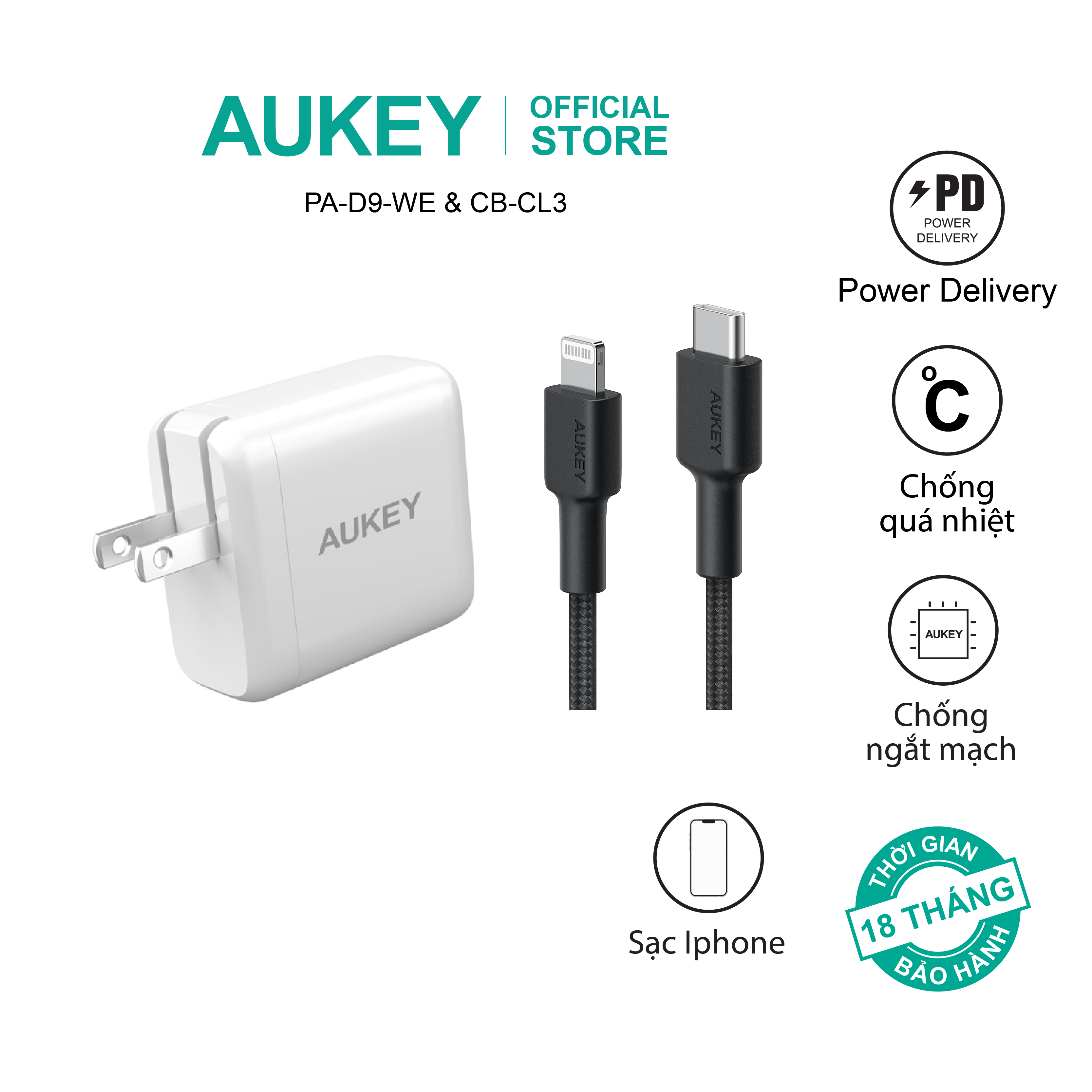 Combo bộ sạc Aukey cho Iphone củ sạc PA-D9 và cáp sạc CB-CL3 hàng chính hãng