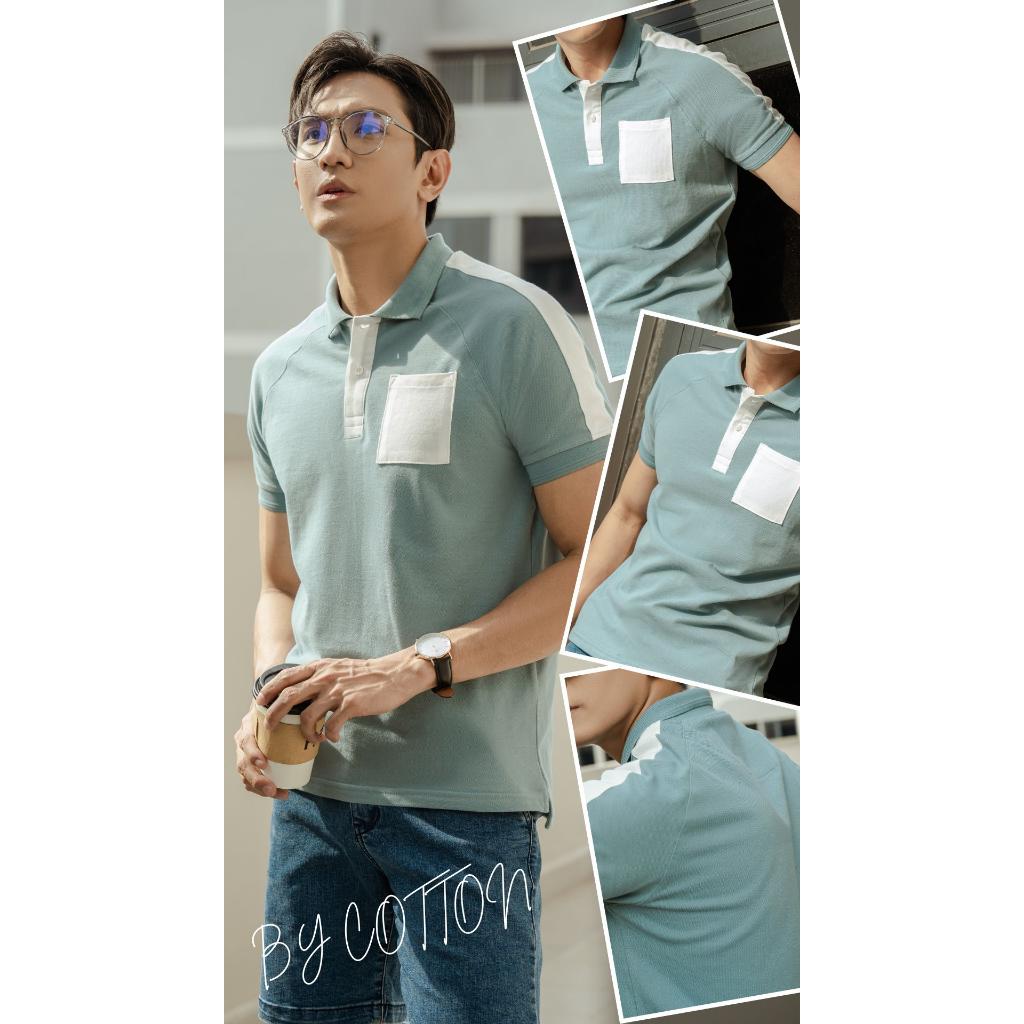 Áo Thun Polo Nam Cổ Bẻ BY COTTON PHỐI VAI XANH CYAN TRẮNG P230304