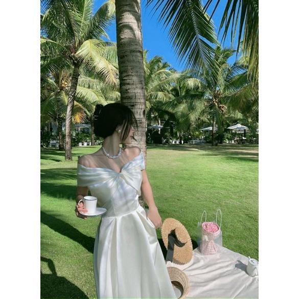 TTL đầm xòe midi trắng nơ ngực trễ vai tiểu thư dự tiệc váy cưới cô dâu có mút nhún xoắn ngực