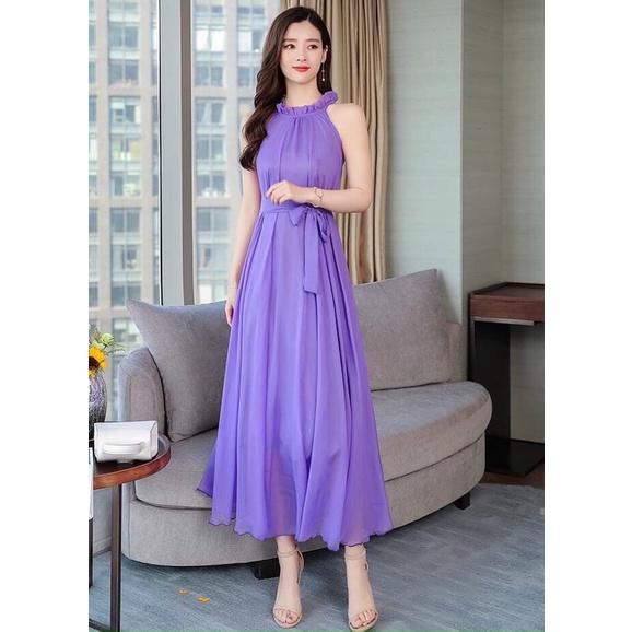 Maxi dài cổ xếp ly cột nơ eo xinh lung linh
