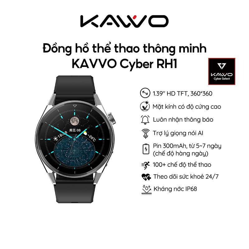 Đồng hồ thể thao thông minh KAVVO Cyber RH1 | Bluetooth 5.0 | Amoled 1.39 inch | 300mAh | Chuẩn kháng nước - Hàng chính hãng