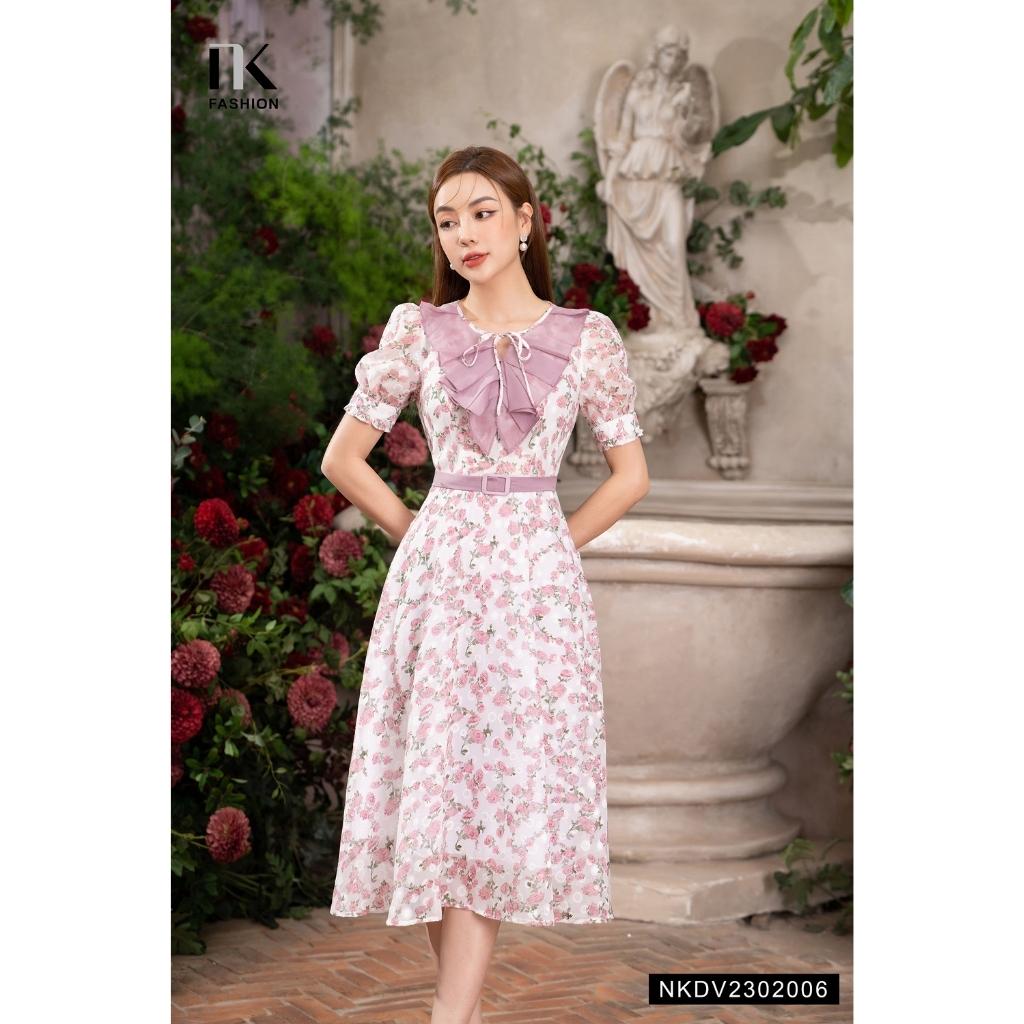 Đầm Hoa NK FASHION Thiết Kế Đai Bọc Cổ Phối Bèo Điệu Đà Thanh Lịch Chất Vải Nhập Hàn Cao Cấp NKDV2302006