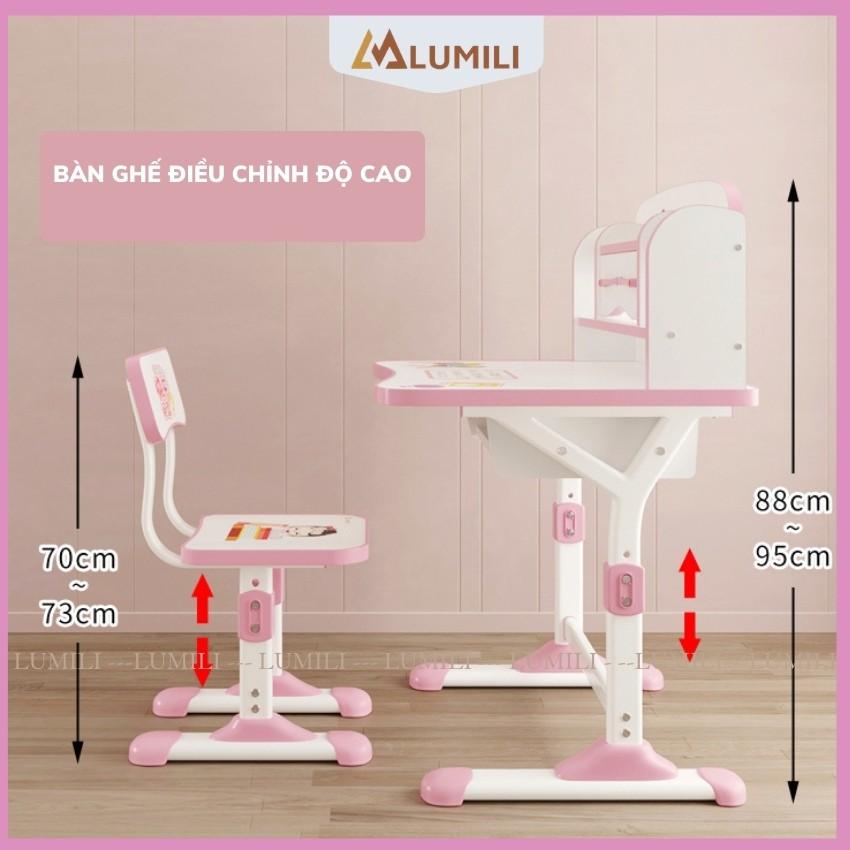 Bàn ghế học sinh Lumili D2 có giá sách chống gù chống cận, bàn học thông minh kèm kệ sách phù hợp cho học sinh tiểu học