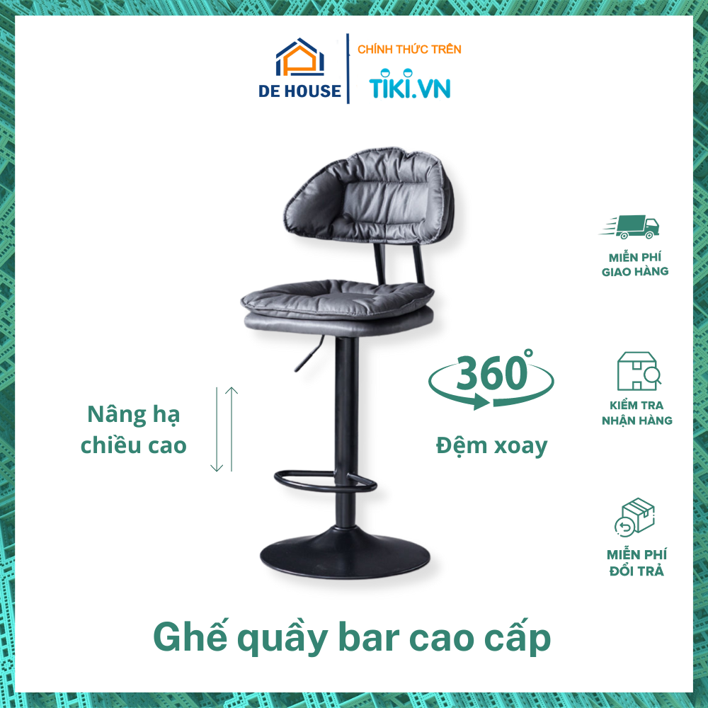 Ghế Quầy Bar Chân Cao Lưng Ngắn Xoay 360 Da Mềm Sang Trọng Quý Phái Phong Cách Bắc Âu 23106 - Ghế Thu Ngân, Ghế Chân Xoay Nâng Hạ Chiều Cao