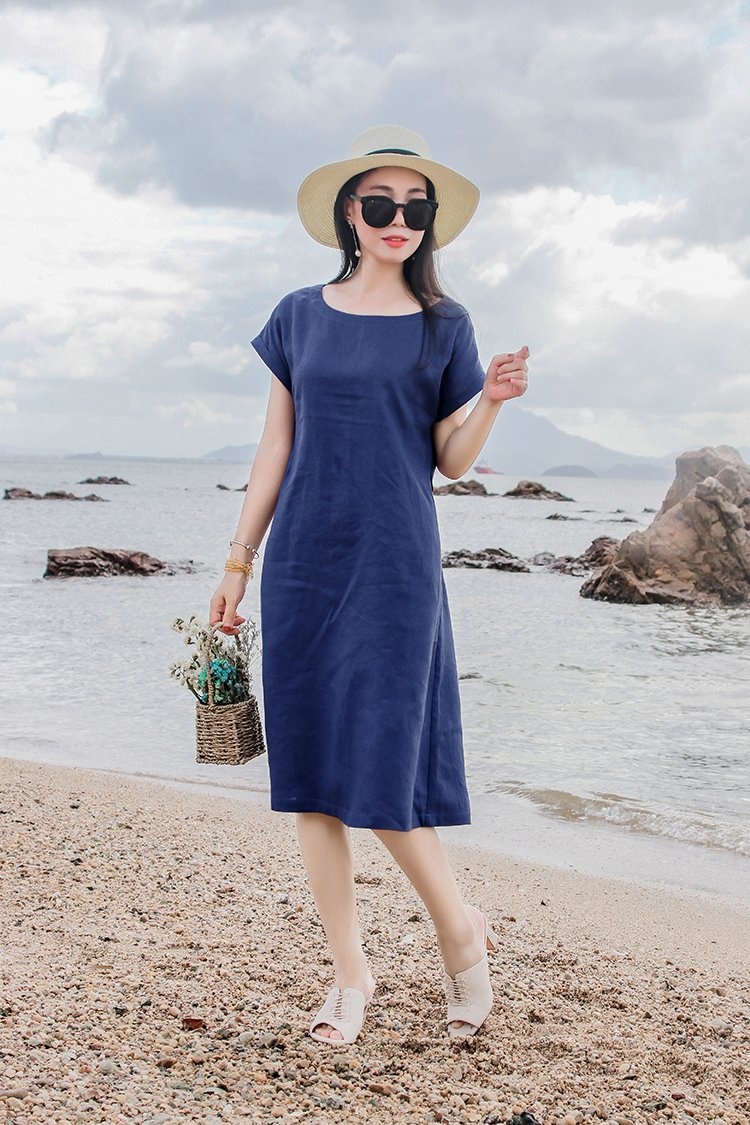 Đầm linen nữ , đầm suông thiết kế trơn basic kèm dây thắt eo, thời trang nữ đi làm, đi chơi Da84