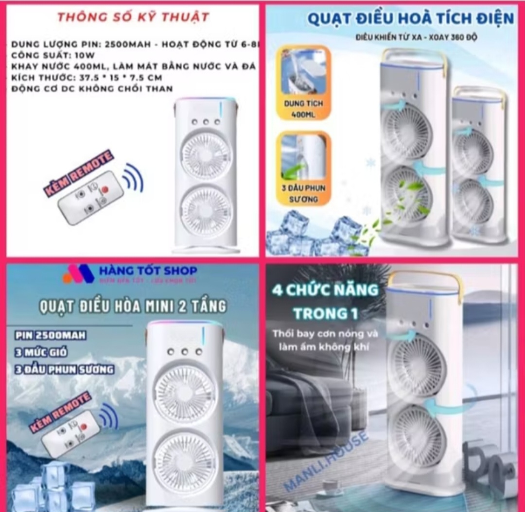 1 QUẠT GIÓ PHUN SƯƠNG 2 TẦNG GIÓ SIÊU MÁT LẠNH QUẠT SẠC PIN CÓ ĐIỀU KHIỂN TỪ XA