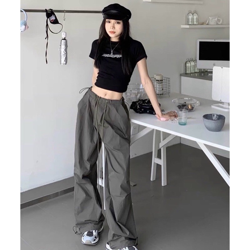 SET QUẦN DÀI ỐNG RỘNG LƯNG CAO DÂY RÚT XÁM TRƠN + ÁO CROPTOP TAY NGẮN ÔM BODY ĐEN THỂ THAO ĐI BIỂN DẠO PHỐ ĐI CHƠI ĐI TIỆC