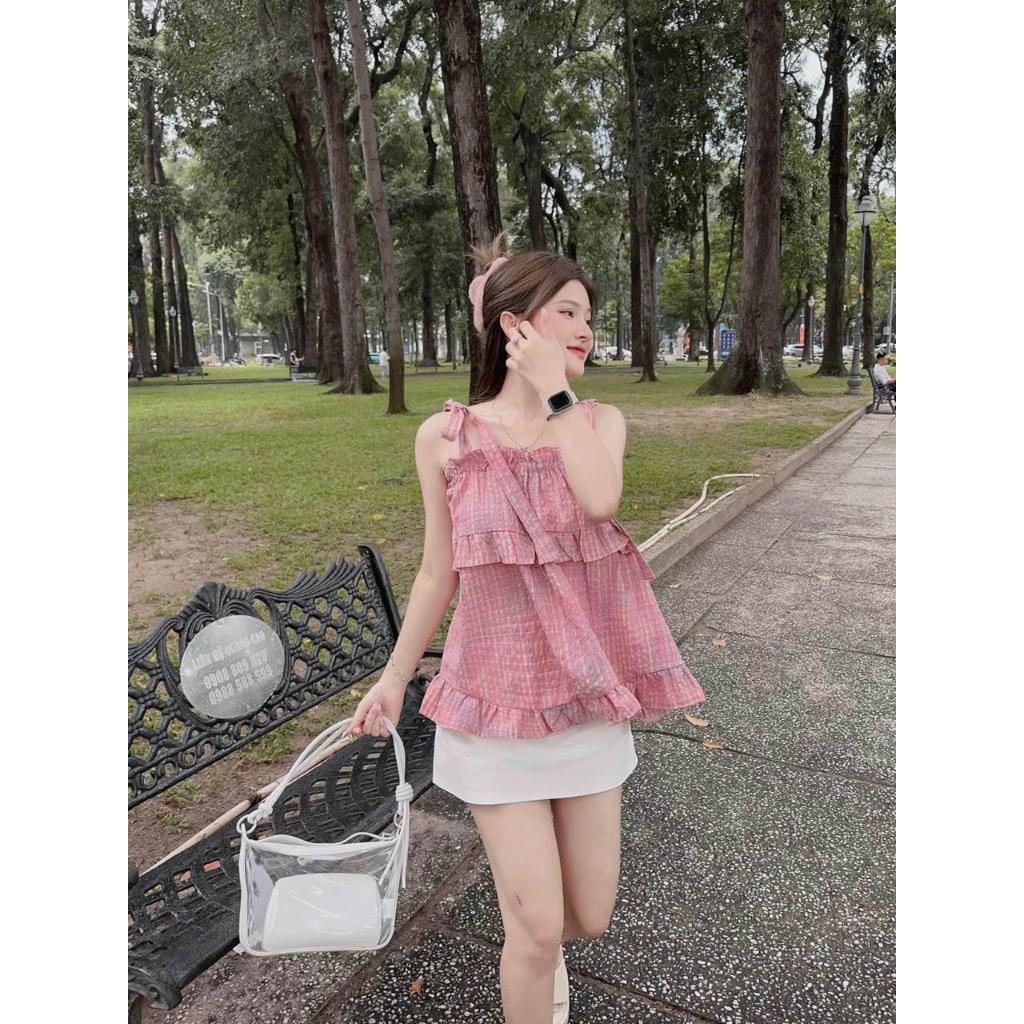 Sét bộ áo xốp caro 2s cột nơ vai phối bèo kèm chân váy
