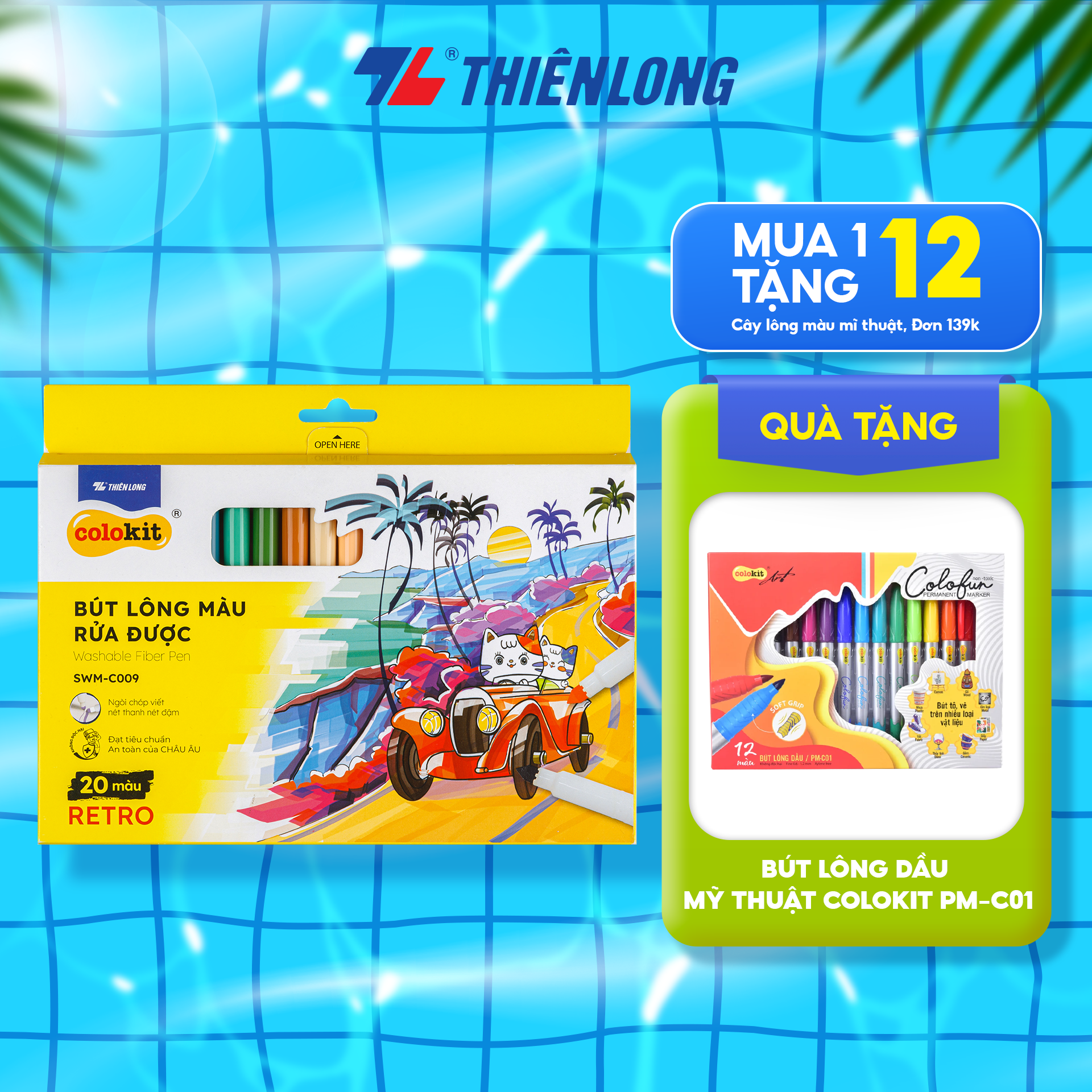 Bút lông màu Fiber Pen 20 màu Retro Thiên Long Colokit rửa được ngòi chóp viết nét thanh nét đậm SWM-C009