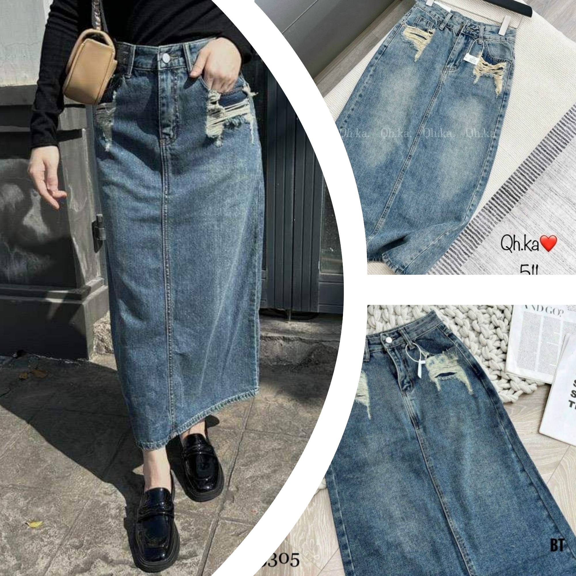 Chân váy jean dáng dài rách túi cho nữ CVN113