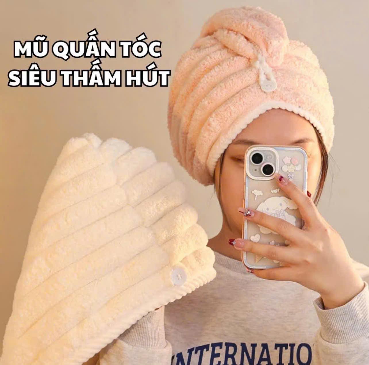 Khăn Quấn Khô Tóc Dệt Sóng Siêu Thấm Hút, Khăn Bông Ủ Quấn Tóc Nhanh Khô Hàng Nội Địa Trung