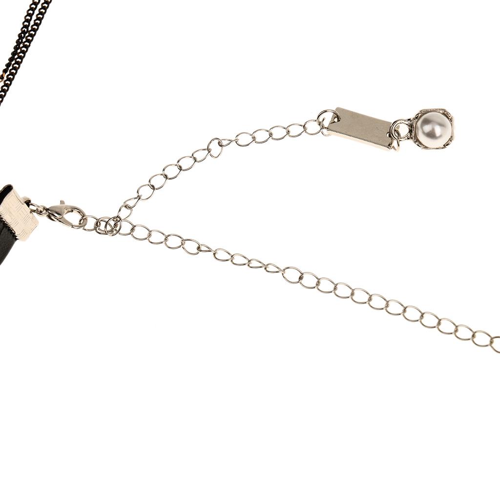 Simple Multilayer Chain Pearl Pendant PU Leather Choker Short Necklace Black