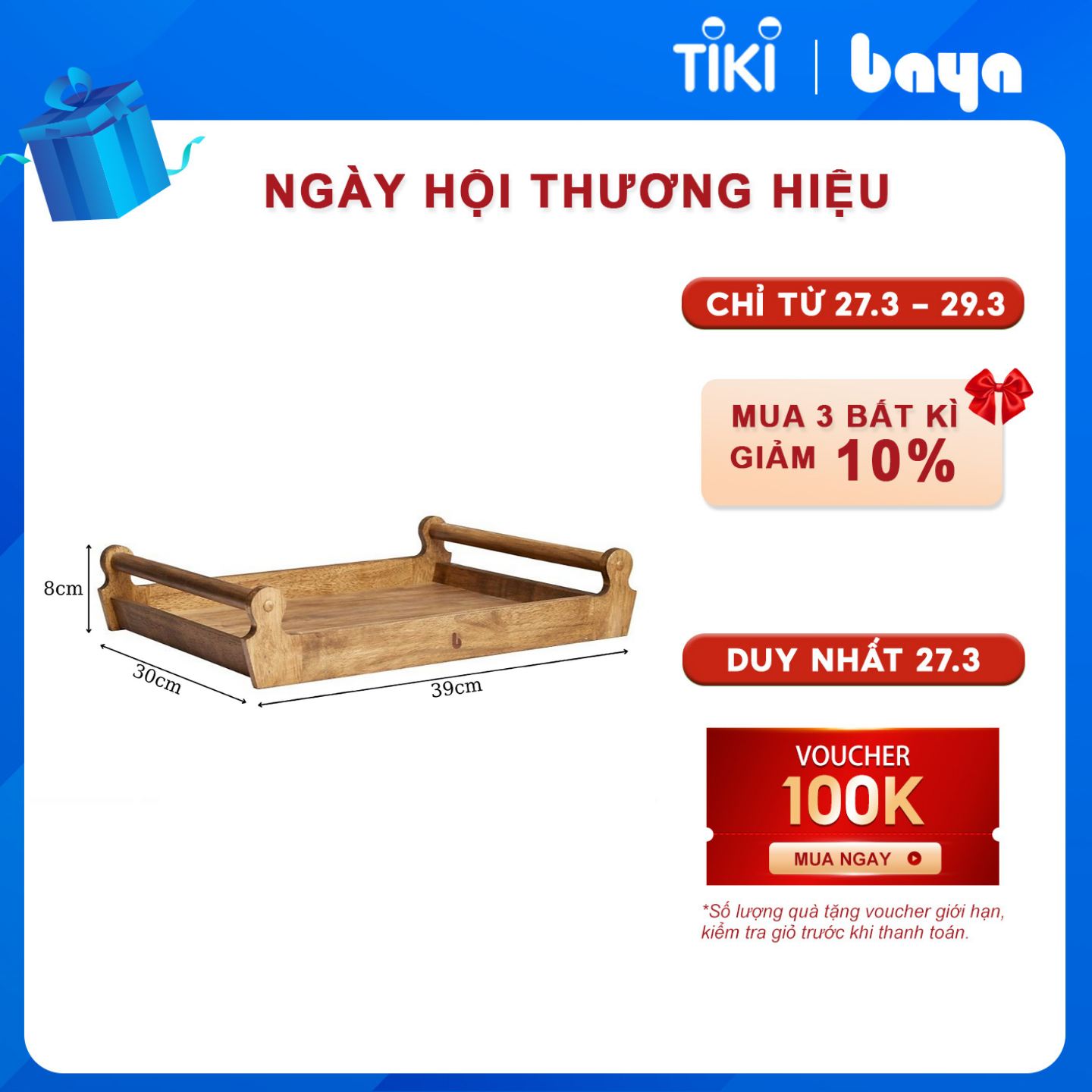 Khay Gỗ Đựng Đồ Hình Chữ Nhật Trang Trí Decor BAYA Napa Thiết Kế Tay Cầm 2 Bên Chắc Chắn Chất Liệu Gỗ Cao Su Bền Chắc, Màu Nâu Vân Gỗ Cổ Điển, An Toàn Vệ Sinh Thực Phẩm Và Sức Khỏe, Kích Thước 30x39x8cm - 1100341