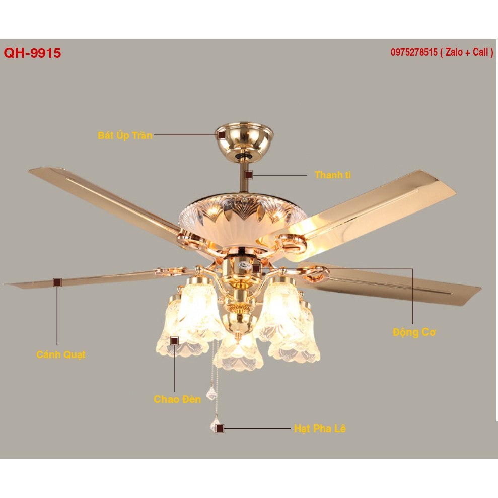 Quạt trần công xuất 90w động cơ DC 6 số, nhiều tốc độ gió, có đèn, có điều từ xa