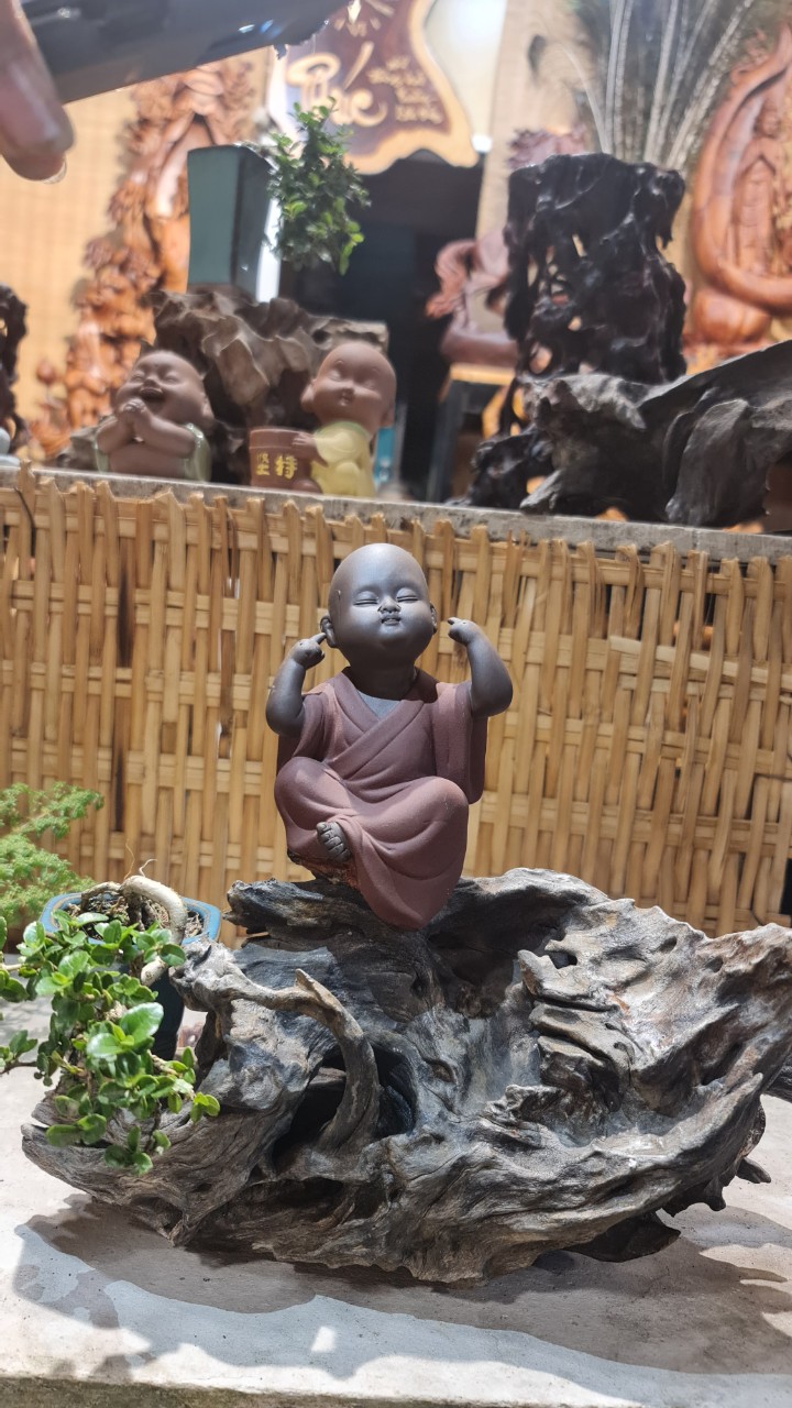 Chú tiểu ngồi trên gỗ lũa