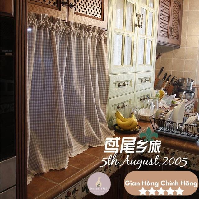 Rèm kẻ caro be che kệ bếp và viền,phong cách vintage chống nắng cao cấp, màn vải treo tường trang trí decor phòng ngủ