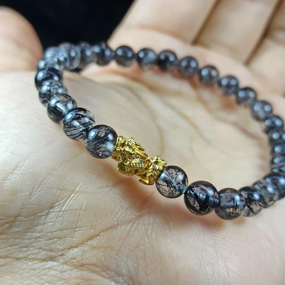 Vòng tay đá. Thach Anh Tóc Đen Mix Tỳ Hưu Vàng