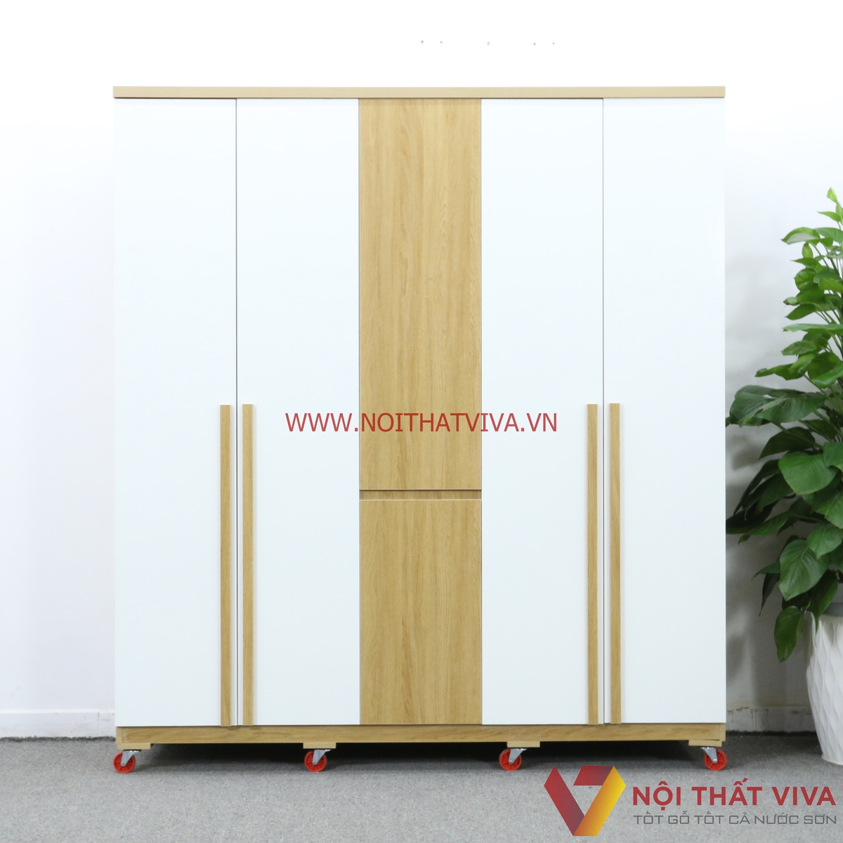 Tủ Quần Áo Gỗ MDF Melamine 5 Cánh Màu Vàng Phối Trắng Đẹp Sang Trọng