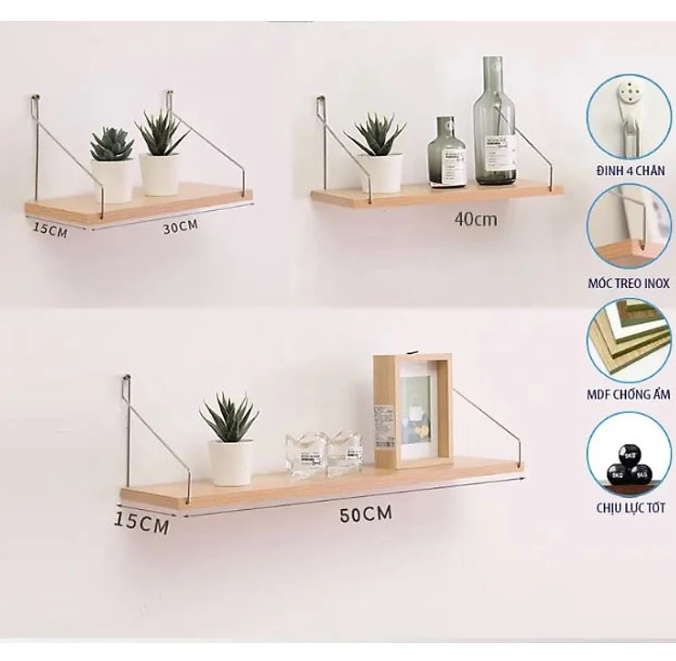 Kệ Thanh Ngang Treo Tường Không Cần Khoan Tundo CTKT02 KT 30/40/50/60/80x15 cm