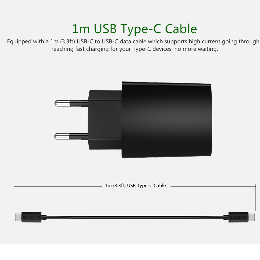 (Tặng dây sạc) Bộ cóc củ sạc nhanh 15W chuẩn PD 3.0 Type-C hiệu CHOETECH TC0001 cho điện thoại / máy tính bảng / Macbook iPhone Samsung Huawei Xiaomi Oppo Nokia Trang bị chip sạc thông minh (Đính kèm 1 dây sạc Type-C to Type-C) - Hàng chính hãng